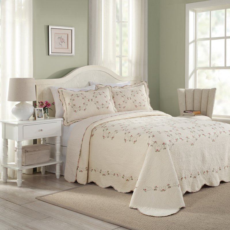 Queen Embroidered Bedspread with Pink Roses & Scalloped Hem - Floral Quilt