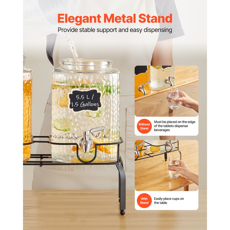 2-Pack 1.5-Gallon Glass Beverage Dispensers with Metal Stand
