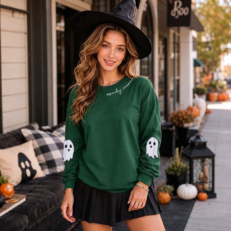 Women's Halloween Ghost Graphic Sweatshirt - Dark Green XL