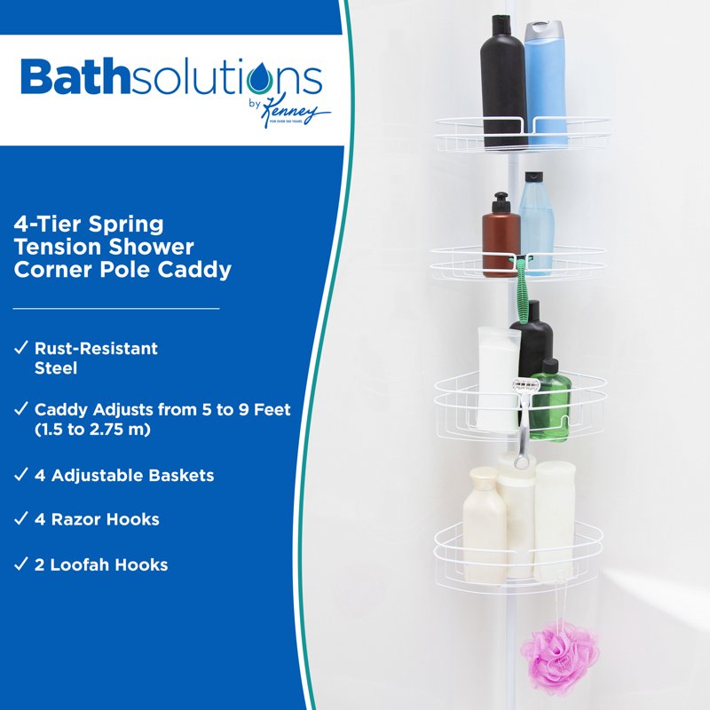 Kenney 4-Tier Spring Tension Shower Corner Caddy with Razor Holder - White