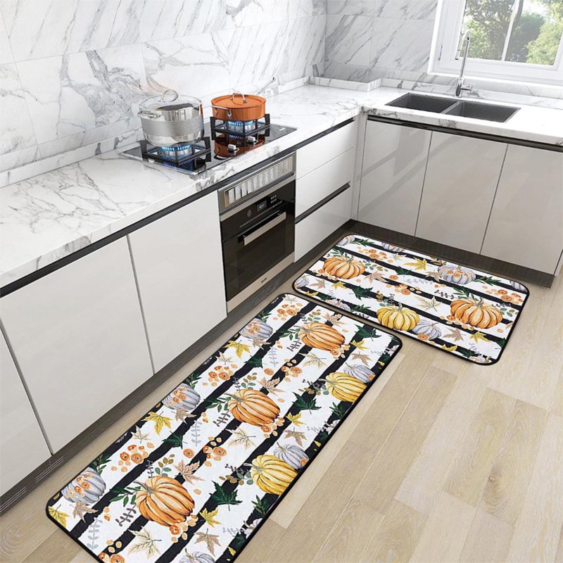 Decorative Fall Theme Kitchen Floor Mats Set of Two - Non-Slip Pumpkin Turkey Rugs B