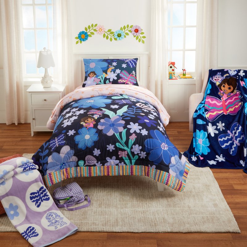 Dora the Explorer Kids 3-Piece Pink Orange Floral Sheet Set - Twin