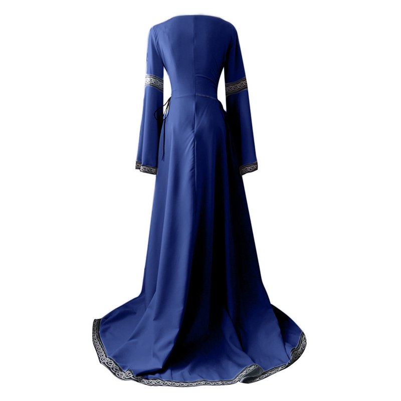 Women Medieval Renaissance Maxi Dress - Irregular Long Sleeve Casual Gown - Blue M