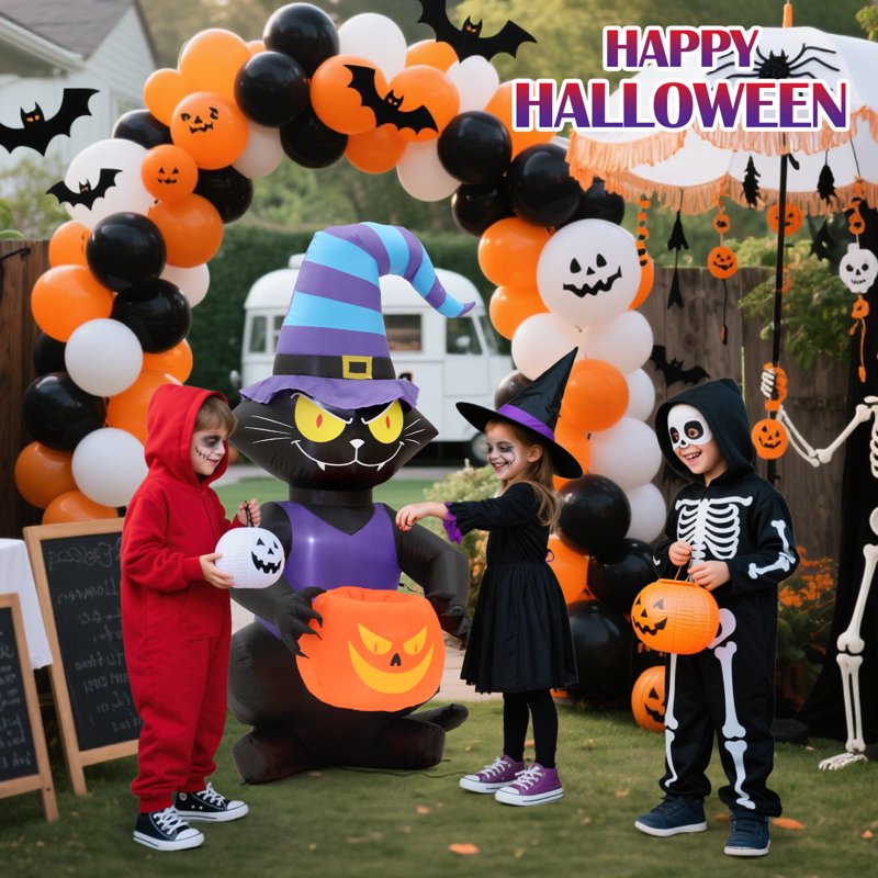 Inflatable Halloween Black Cat with Glowing Jack-o'-Lantern & Witch Hat, 6ft Outdoor Decor