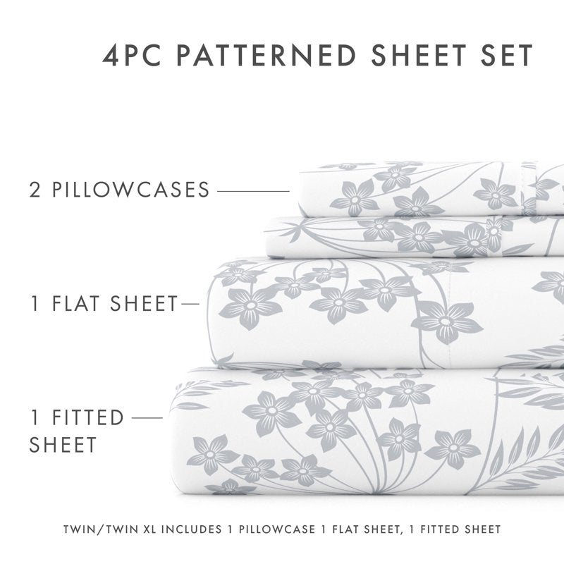 Twin Microfiber Bed Sheets Set - Light Blue Chantilly Lace Pattern