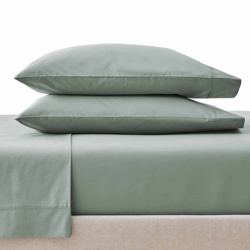 King Size Cotton Percale Pillowcases Set - Green River, 300 Thread Count, Breathable Bedding