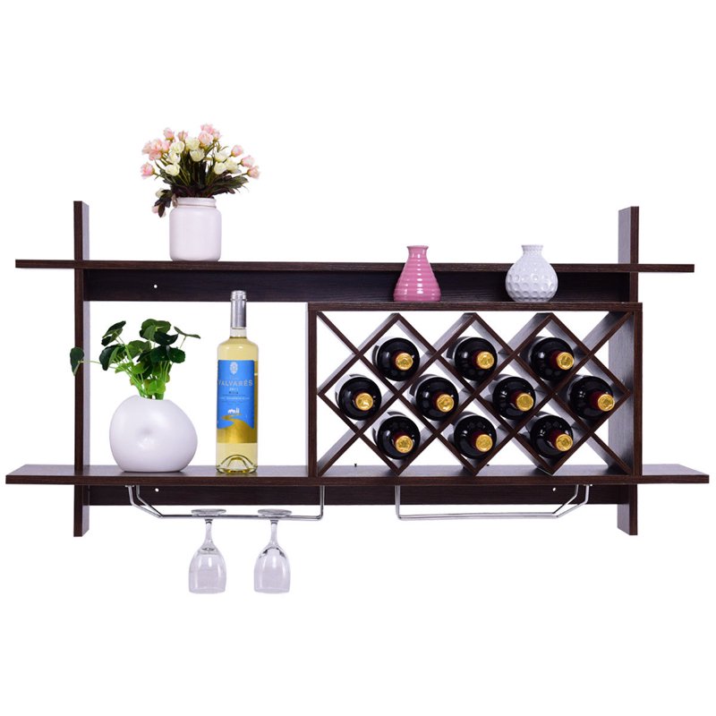 Wall Mount Wine Rack with Glass Holder & Storage Shelf - Black Walnut