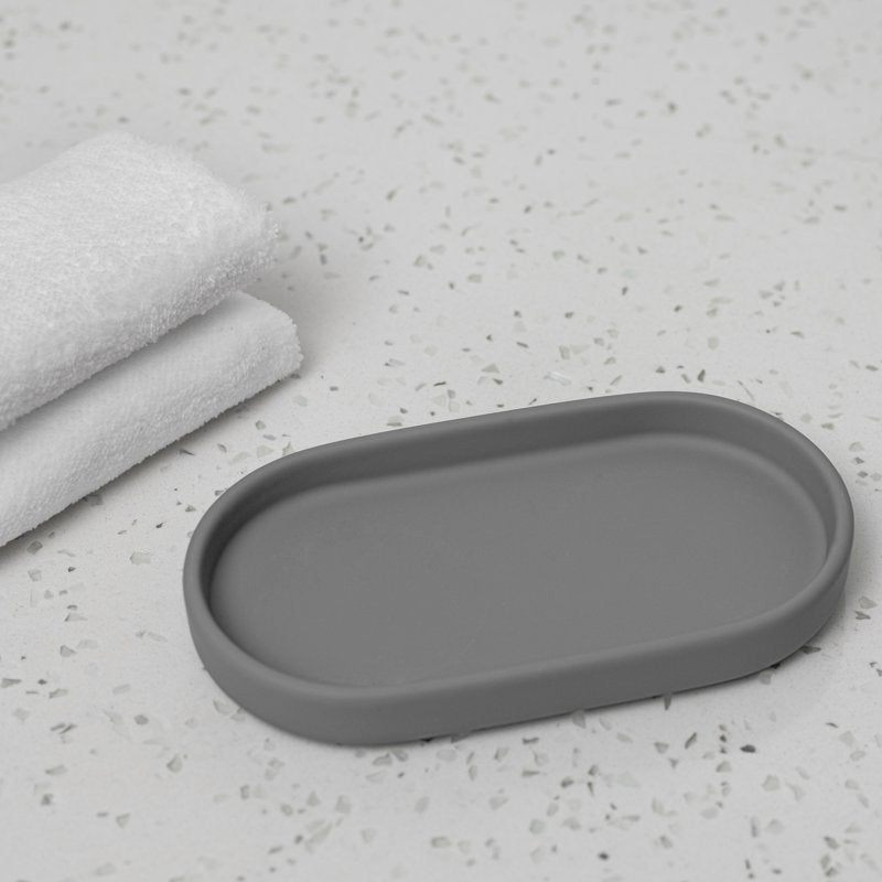 Grey Ceramic Bathroom Accessory Set - Soap Dispenser, Tumbler & Tray, 2 Pack