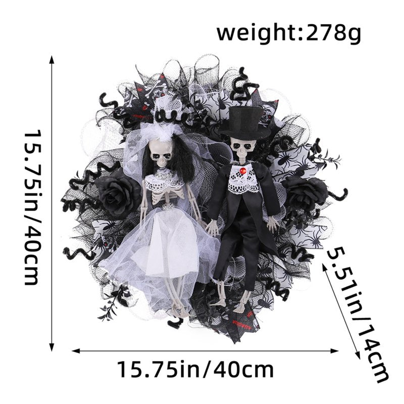Halloween Creepy Wreath for Front Door 16 Inch Skeleton Bride and Groom Decor