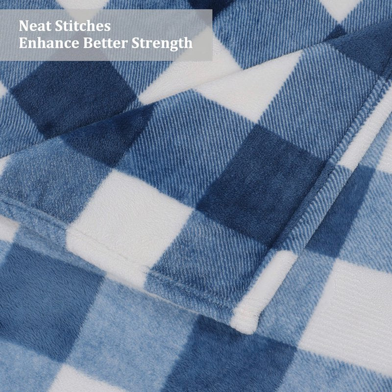 Plaid Plush Fleece Blanket for Sofa 60x78 Denim Blue & White