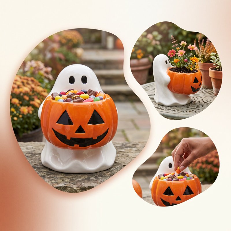Halloween Ghost Pumpkin Candy Bowl - Cute Resin Figurine with Jack O Lantern - Variation #030
