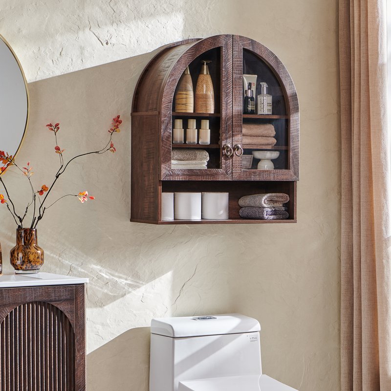 SinCiDo Brown Bathroom Medicine Cabinet with Arched Glass Doors & Adjustable Shelves - Over Toilet Wall Storage
