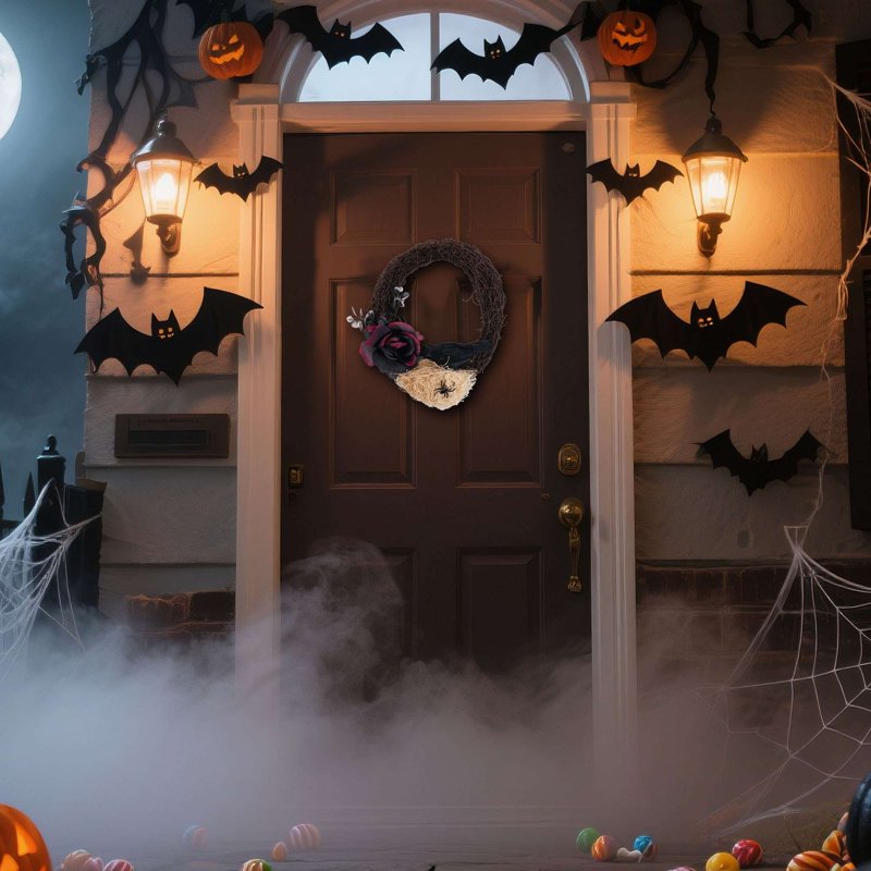 Halloween Wreath with Black Rose, Crow, Spider & Twig - Front Door Decor