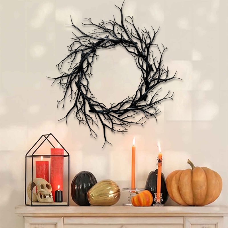 Halloween Wreath - 18 Inch Black Bare Branch Gothic Decor with Bats - Variation B