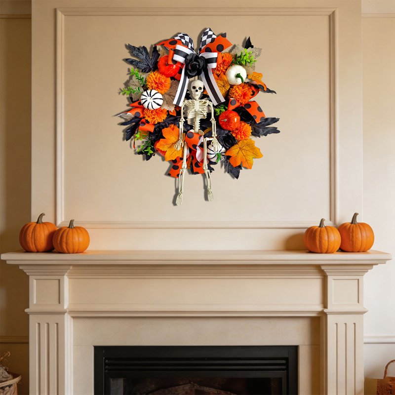 Halloween Pumpkin Maple Leaf Wreath with Skeleton Ornament - Front Door Decoration, Variation A