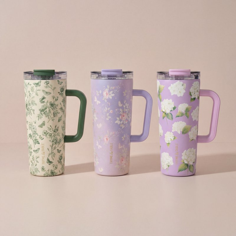 24oz Stainless Steel Luna Tumbler with Handle & Dual Straw Lid - Green Floral