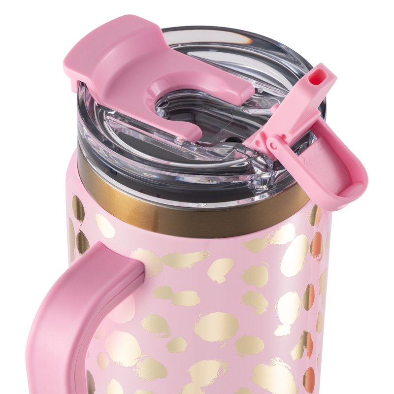 Stainless Steel 32oz Luna Tumbler with Handle and Dual Straw Lid - Pink & Gold Dots
