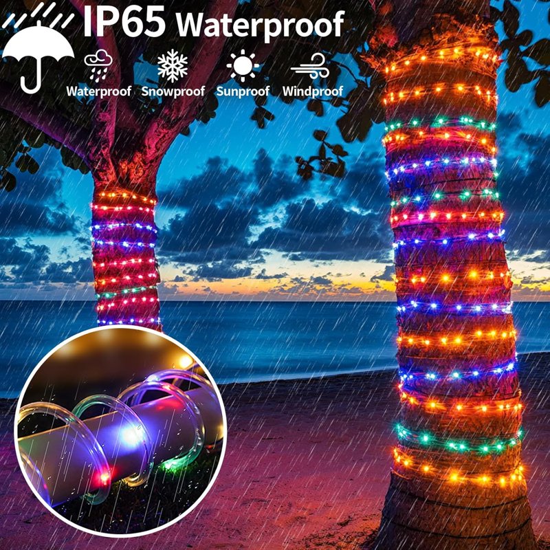 Multicolor Solar Rope Lights Waterproof 100LED Outdoor String Lights with USB Rechargeable Timer & 8 Modes