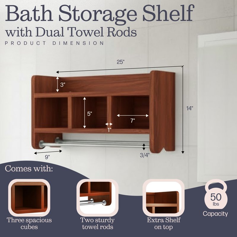 25-Inch Bath Storage Shelf with Towel Rod - Chestnut Finish - Space-Saving Bathroom Organizer with Cubbies