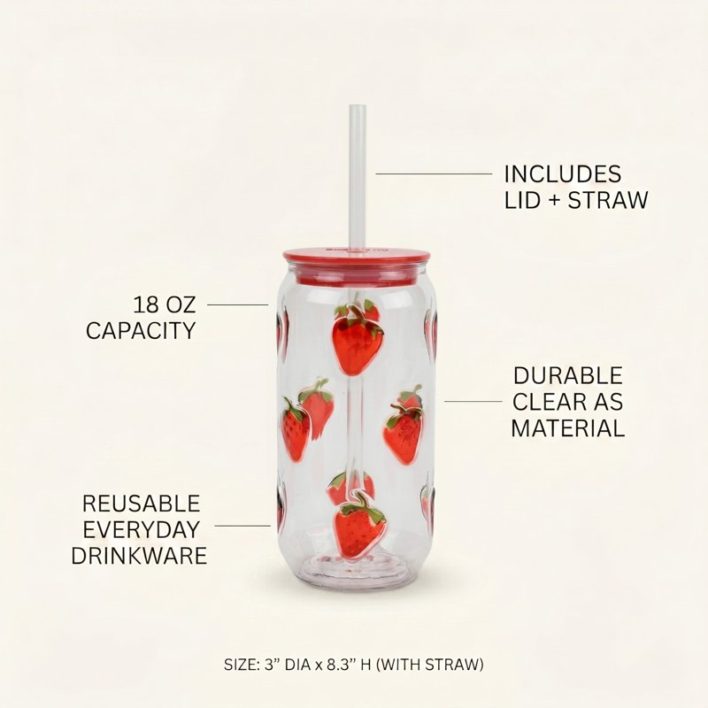 18oz Embossed Strawberry Can Sipper Tumbler with Straw Set - 4-Piece
