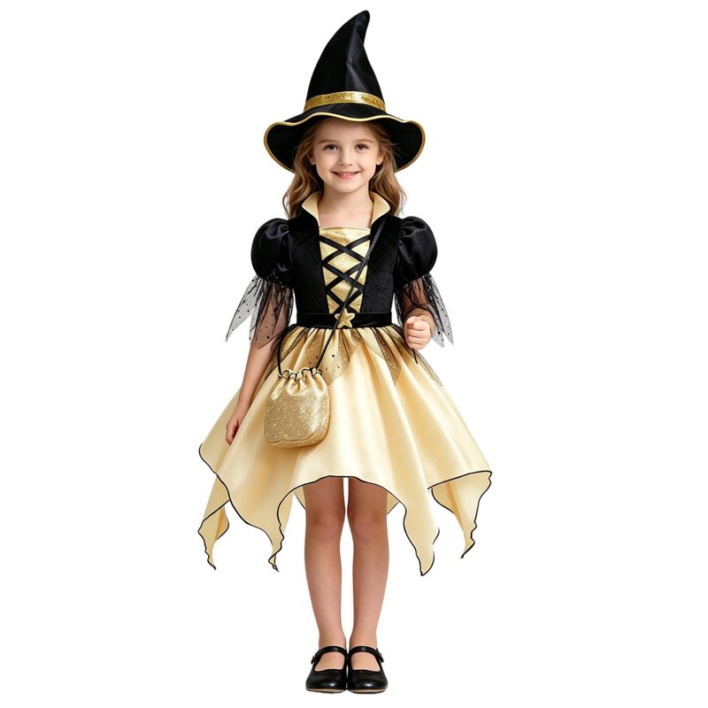 Girls Halloween Witch Costume Dress with Hat and Bag - 10-11 Years, Black