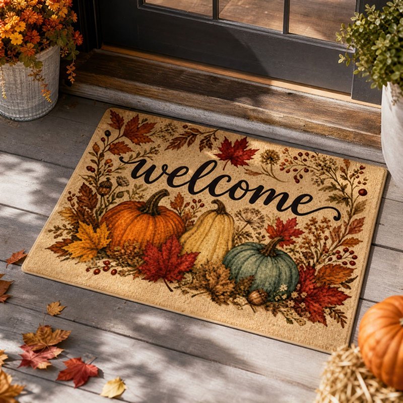 Autumn Pumpkin Maple Leaf Doormat - Fall Welcome Rug with Non-Slip Backing - Multicolor005, 16x24 Inch