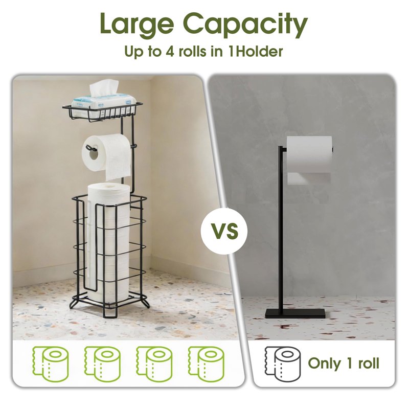 Freestanding Toilet Paper Holder with Storage Shelf and Base, Black