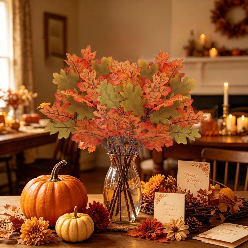 Artificial Maple Leaf Bushes - Green Fall Decor Stems for Vase, Thanksgiving & Halloween Centerpieces, 2 Pack