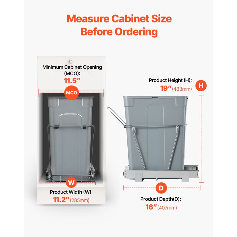 Pull-Out Trash Can - 35QT Under-Sink Waste Bin with Metal Slides