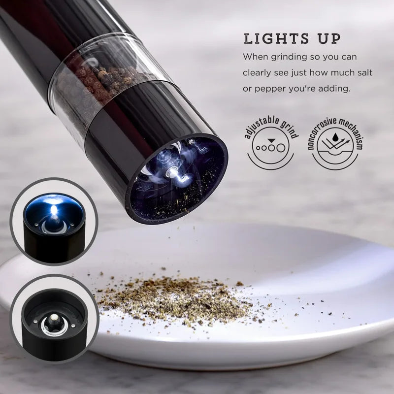 8-Inch Battery Operated Prefilled Salt & Pepper Grinder Set - Black & White