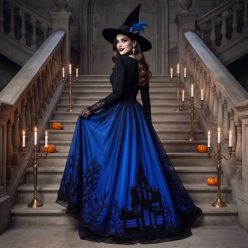 Blue Women's Gothic Witch Costume Dress M - Halloween Lace Maxi Gown