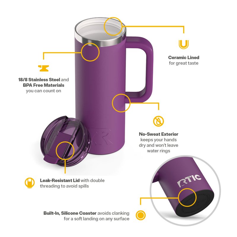 20 oz Insulated Travel Mug - Ceramic Lined, Leak-Resistant, Berry Jam