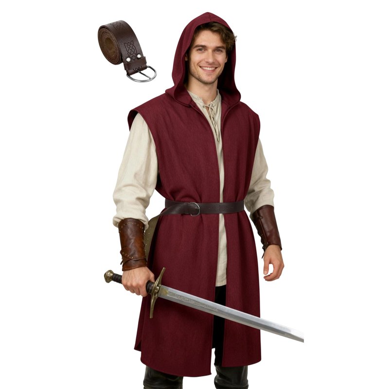 Men's Medieval Viking Cosplay Costume Set with Hooded Robe & Belt - Wine M Variation