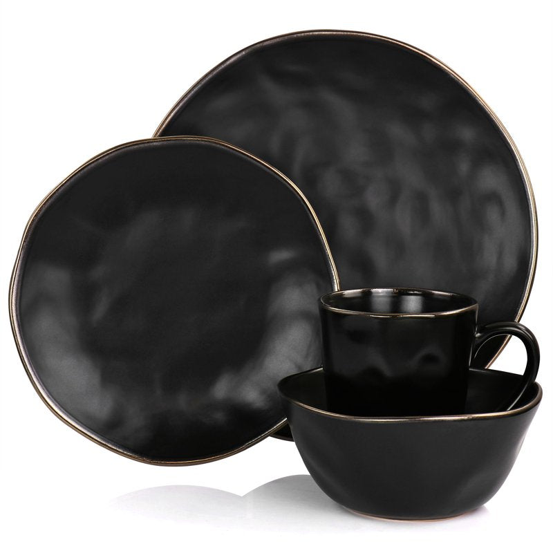 16-Piece Matte Black Stoneware Dinnerware Set with Gold Rim