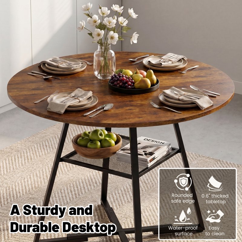 42" Round Dining Table for 4-6 - Farmhouse Style with Storage Shelf - Rust