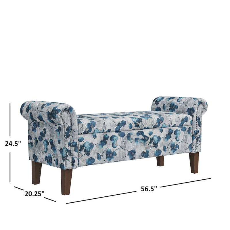 Rolled Arm Storage Ottoman - Blue Floral Bonsai Design