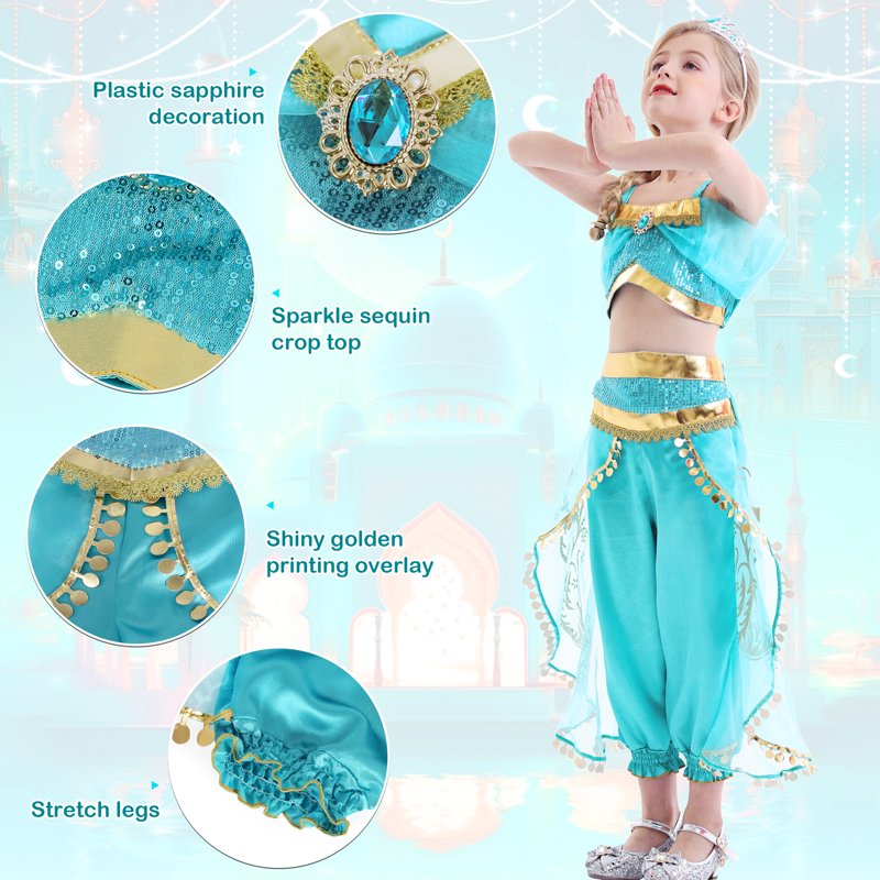 Girls Princess Costume Dress with Accessories 120cm - Blue, Green Variation of A055