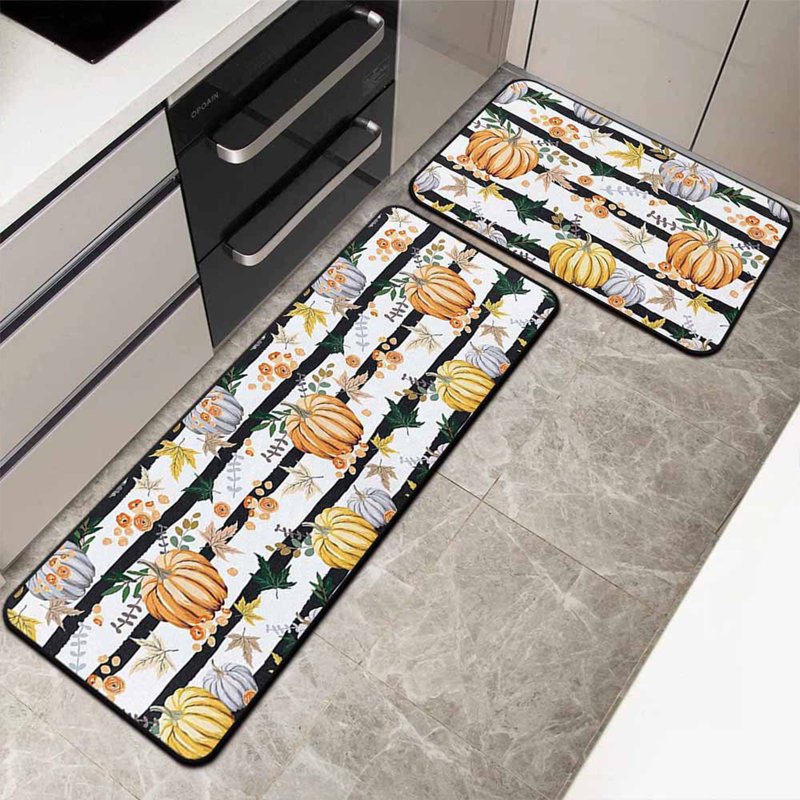 Pumpkin Shaped Bath Mat Set - Halloween Kitchen & Bathroom Rugs, Non-Slip, 16x24in+16x48in - Variation C