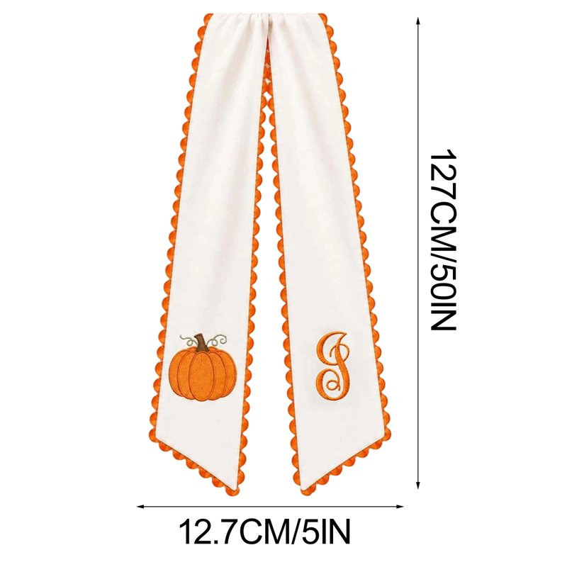Halloween & Fall Pumpkin Embroidered Wreath Sash - Orange Scalloped Ribbon - Seasonal Front Door Decor - Variation I