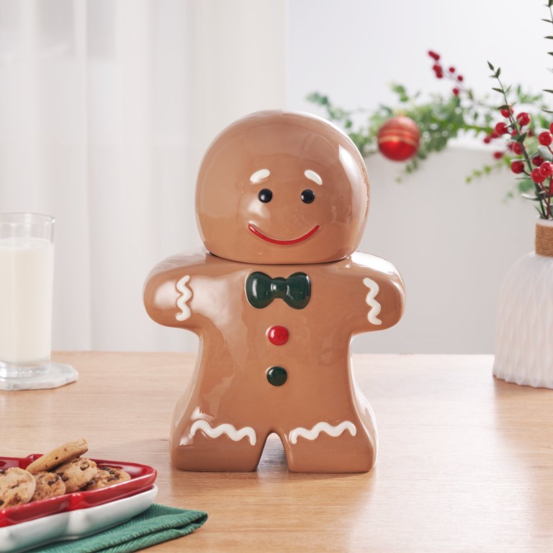 Gingerbread Man Cookie Jar - Multicolor Earthenware with Lid