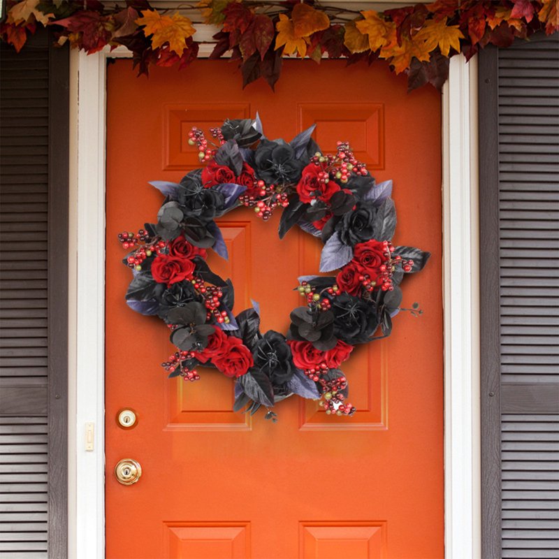Halloween Front Door Wreath with Roses - 15 Inch Gothic Fall Decor