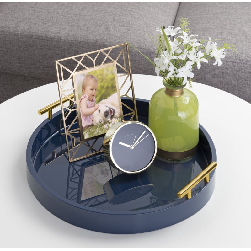 Modern Round Decorative Tray - 15.5" Diameter, Navy Blue & Gold