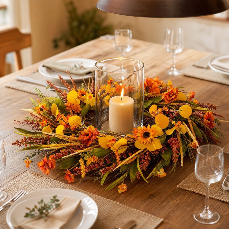 Fall Sunflower Dried Grass Wreath for Front Door Wall Decor, Harvest Garland - 17.7in