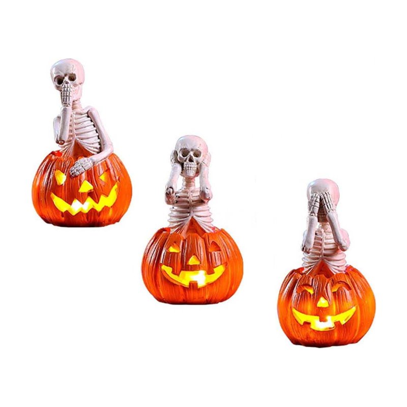 Halloween Skeleton Pumpkin Light - Orange Resin Skull Lantern for Indoor Outdoor Decor