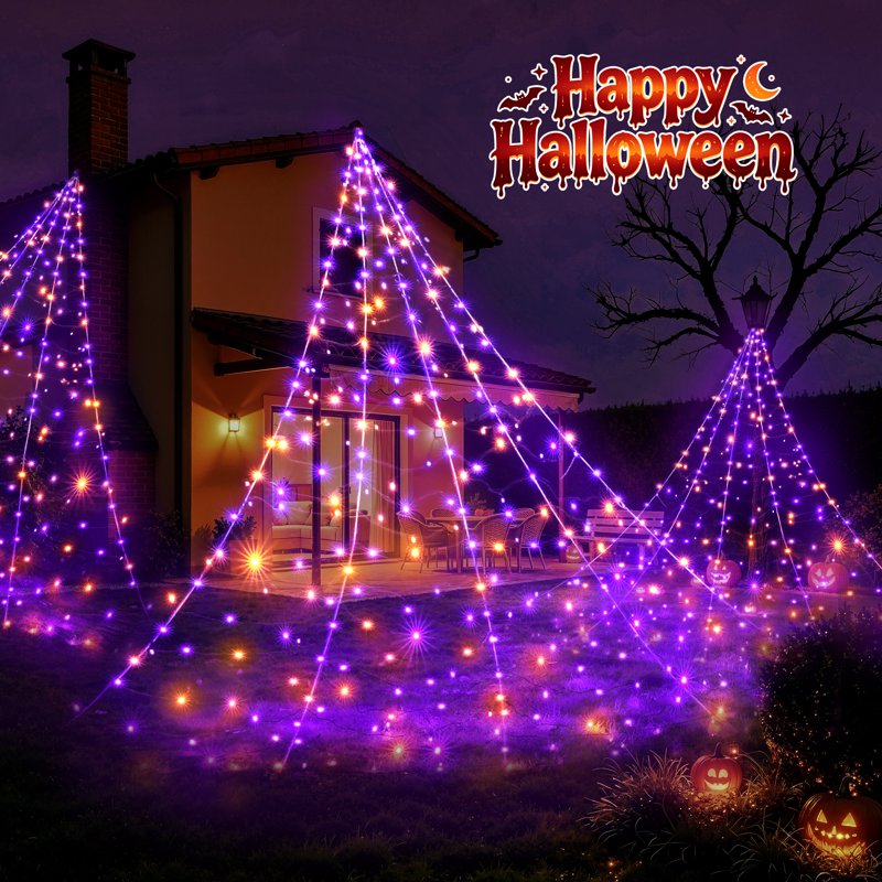 Outdoor Halloween Spider Web Lights - 16.4ft 500 LED String with Multicolor Purple Orange Glow