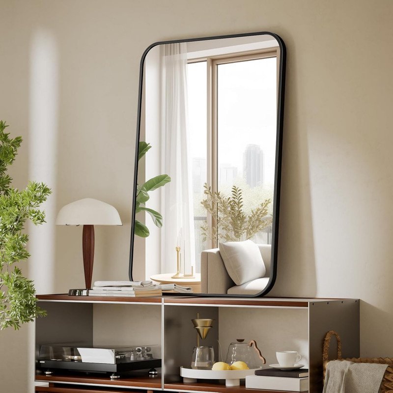 Bathroom Mirror 26x38 Inch Wall Mounted Rounded Edge Vanity Mirror Black - Clarvion