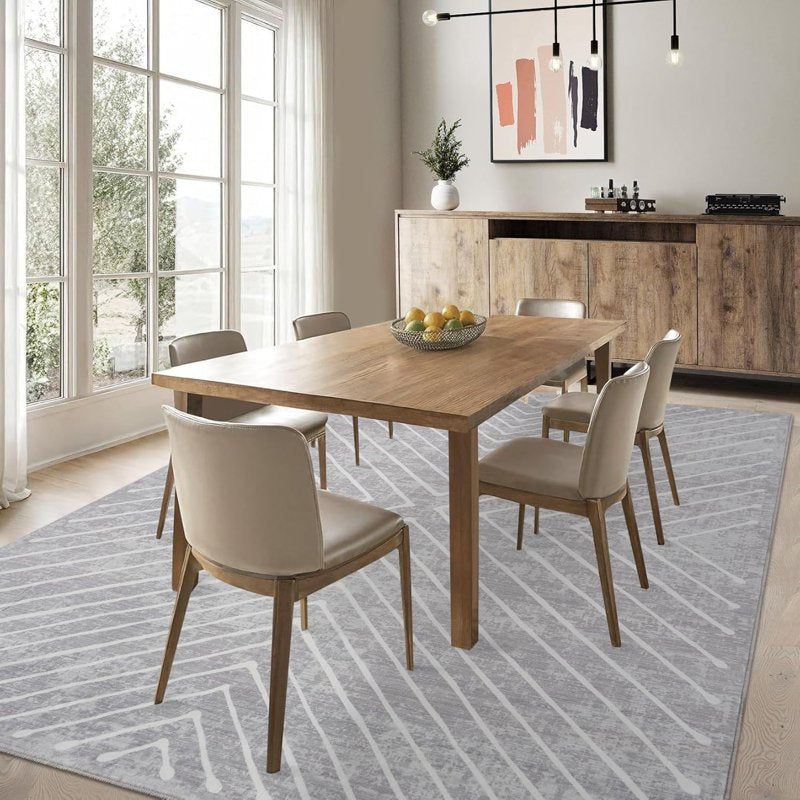 Large Washable Geometric Floor Rug 10x13 Light Grey Non-Slip Indoor Mat