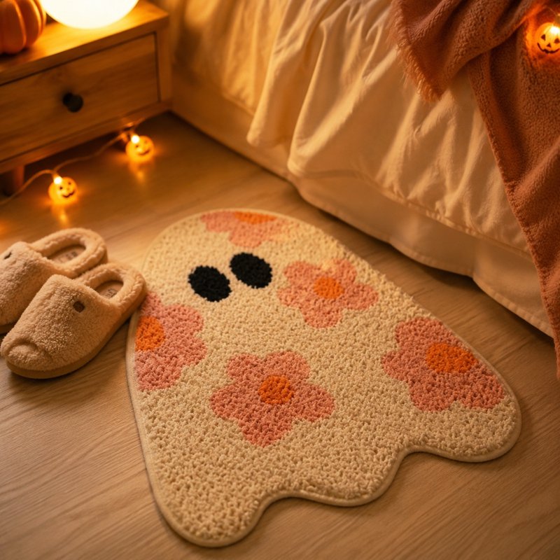 Halloween Pinks Ghost Doormat with Floral Patterns - Indoor Outdoor Rug, 15.7x23.6in
