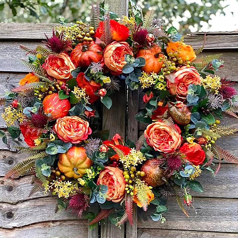Autumn Pumpkin & Peony Wreath for Front Door - Fall Harvest Decor 15.74"
