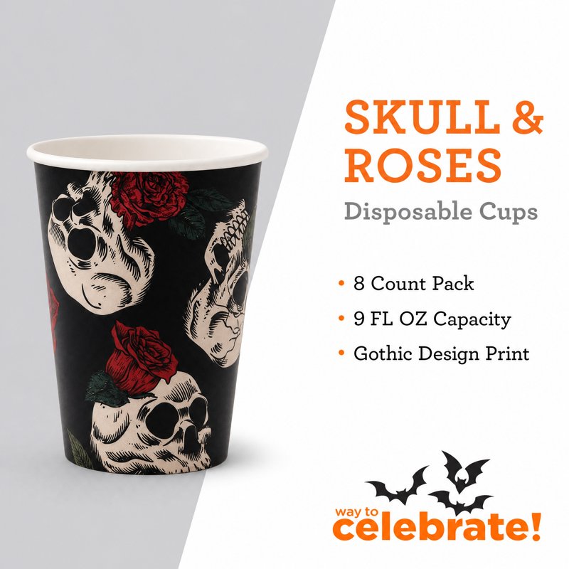Halloween Skulls and Roses Disposable Paper Cups - 9 oz, Multicolor, 8 Pack